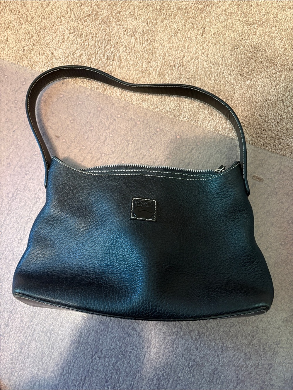 Black Pebbled Leather Shoulder Bag with Contrast Stitching